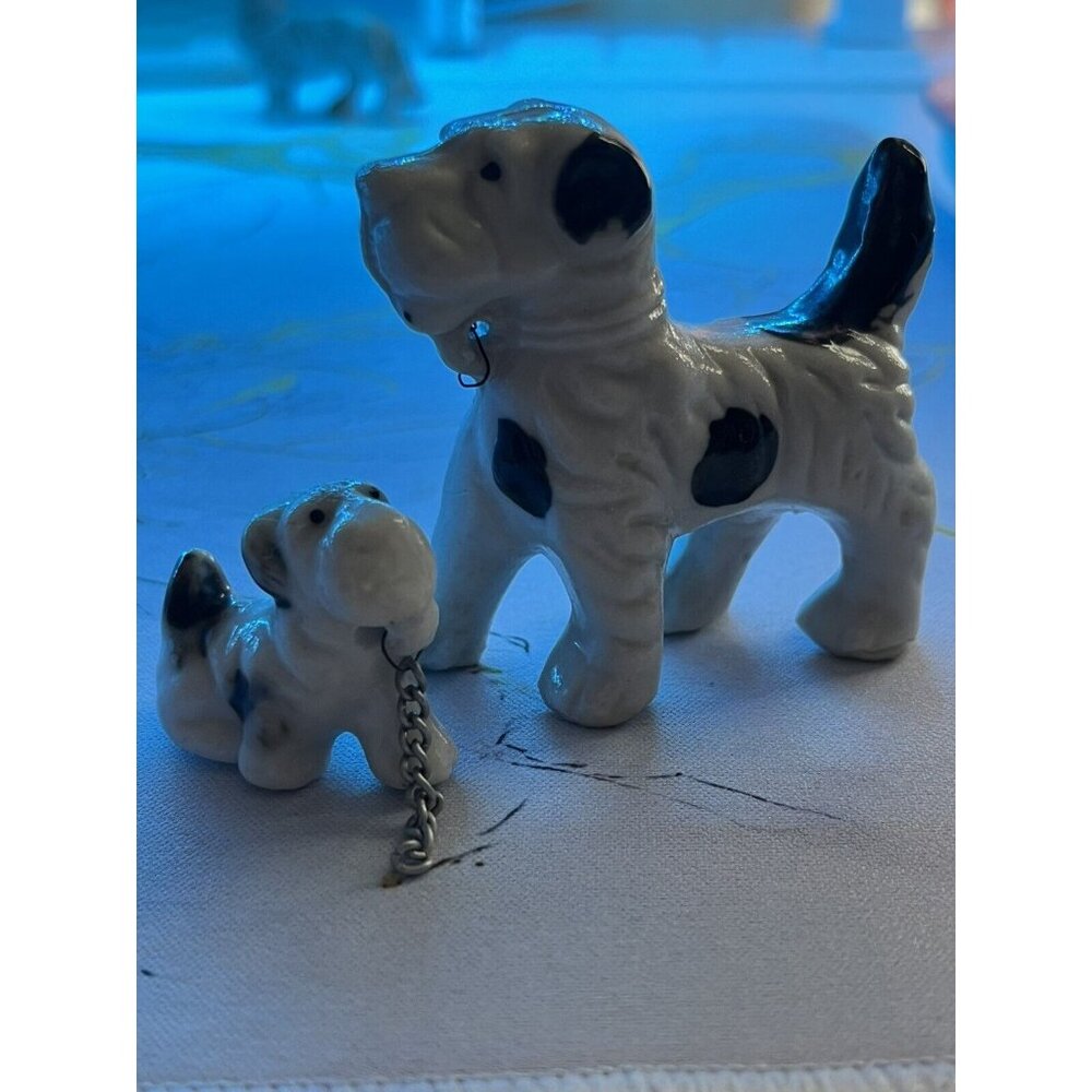 Japan Porcelain Figurine Home Decor 2" White/Black Fox Terrier Dog & 1 pup